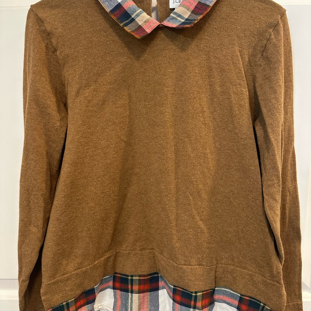 0046 J.Crew Brown Sweater w/ Plaid Shirt Hem & Collar‎ Layered Look Top